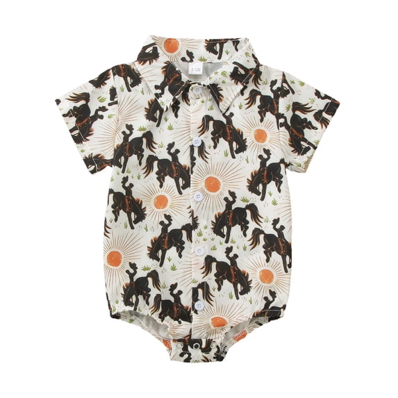 Baby Boys Jumpsuit Short Sleeve Polo Romper With Cowboy Cactus Print Button Front Collar Snap Closure For Infant Party Daily Wear