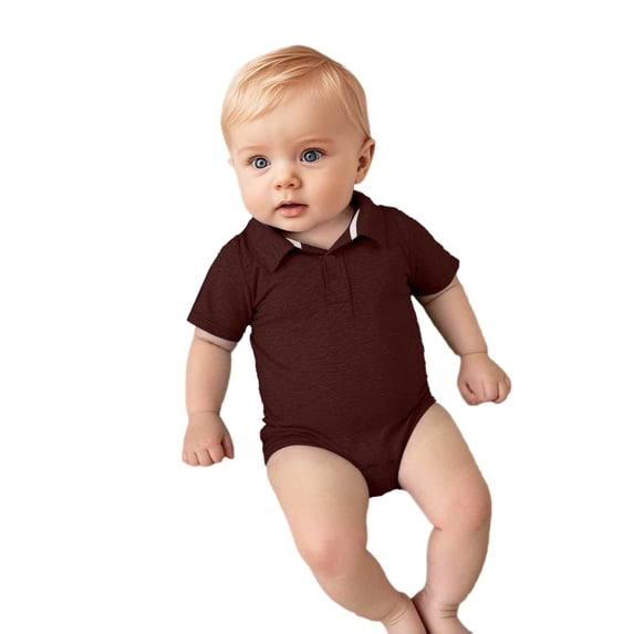 Baby Boys Jumpsuit Solid Color Short Sleeve Polo Romper With Collared Neckline Snap Closure For Casual Daily Wear