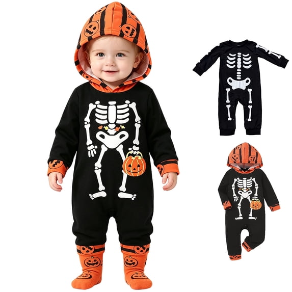 Baby Boys Long Sleeve Hooded Pumpkin Jumpsuit Skeleton Halloween Cosplay Halloween Outfit Boys Size 0-3 Months
