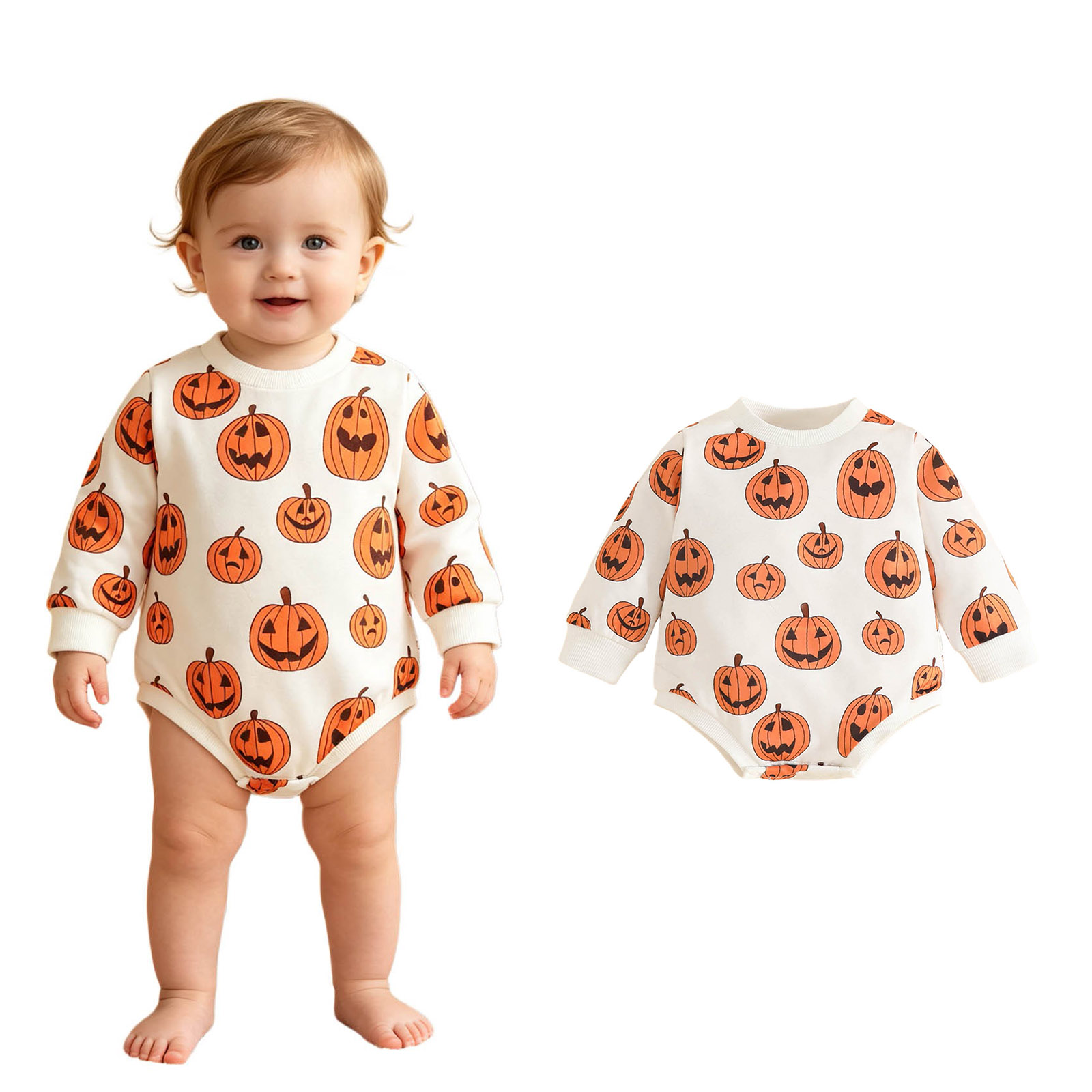 Baby Boys Long Sleeve Pumpkin Print Bodysuit Halloween Cosplay Halloween Outfit Boys Size 9-12 Months