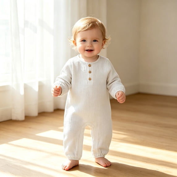 Baby Boys Long Sleeve Romper Jumpsuit Solid Color Soft Autumn Bodysuit