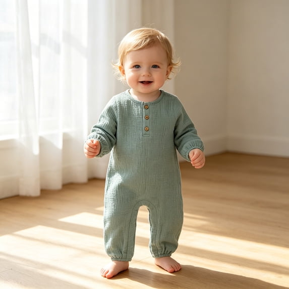 Baby Boys Long Sleeve Romper Jumpsuit Solid Color Soft Autumn Bodysuit