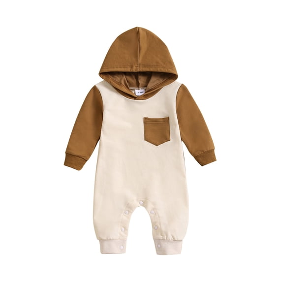 Baby Boys One-Pieces Long Sleeve Patchwork Color Hooded Pocket Romper Cute Dailywear One-Pieces Clothes