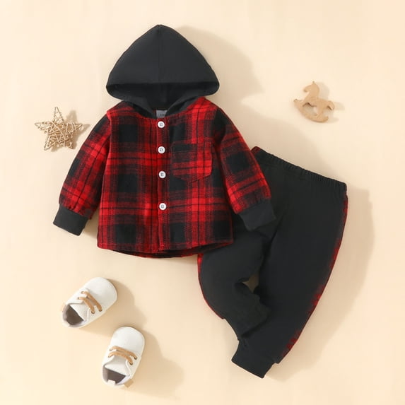 Baby Boys Outfit Sets Autumn Winter Plaid Print Hooded Long Sleeve Hoodies Tops With Pants Two Piece Outwear