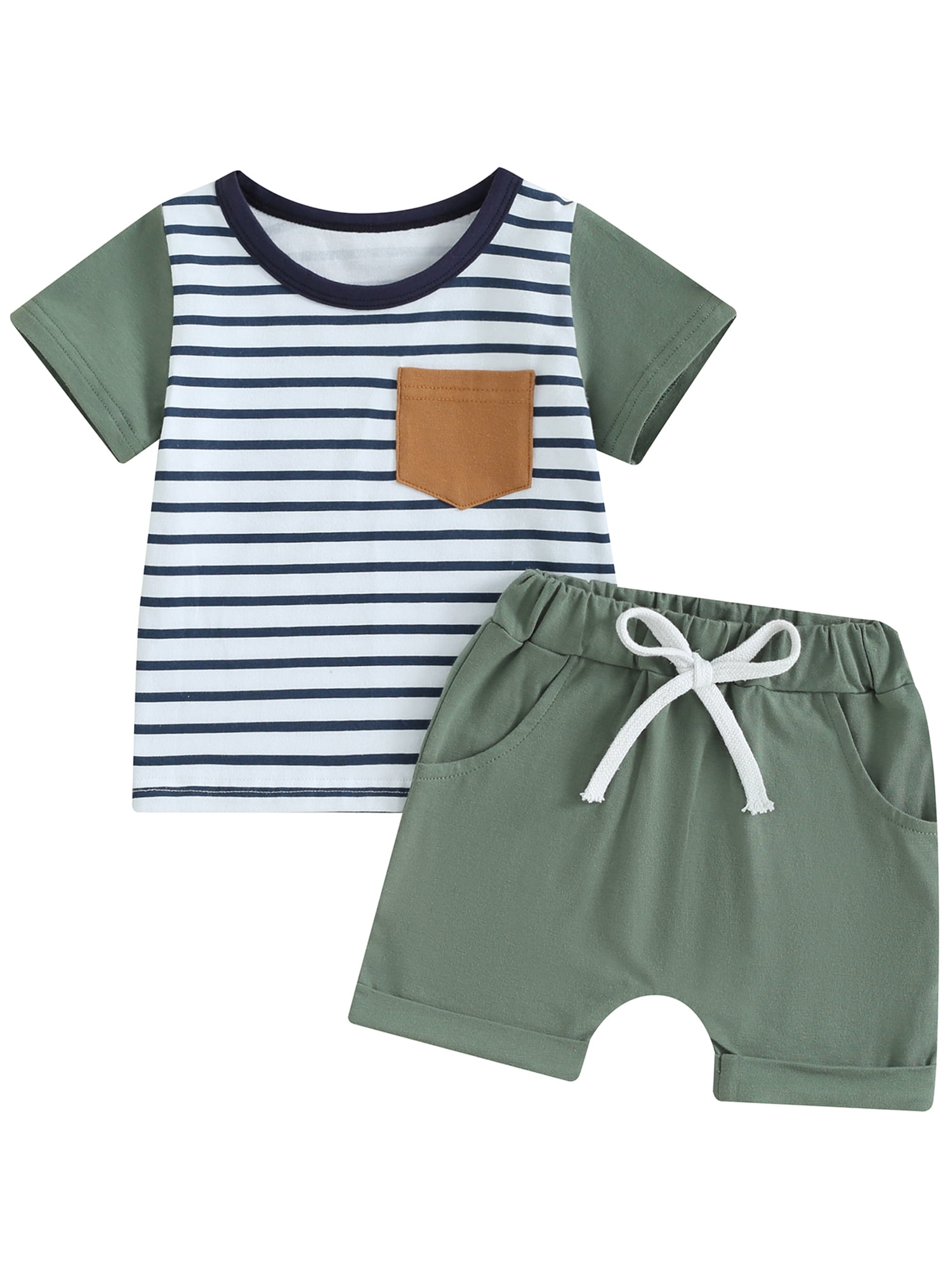 Mevireiy Baby Boys Outfits Pocket Striped T Shirt Tops Elastic Waist