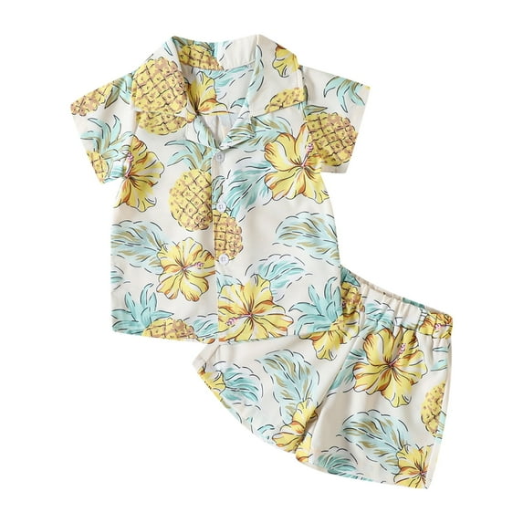Baby Boys Outfits Short Sleeve Cartoon Pineapple Print Lapel Shirt Tops Shorts Gentleman Set Kids Clothes Yellow 3 Years-4 Years