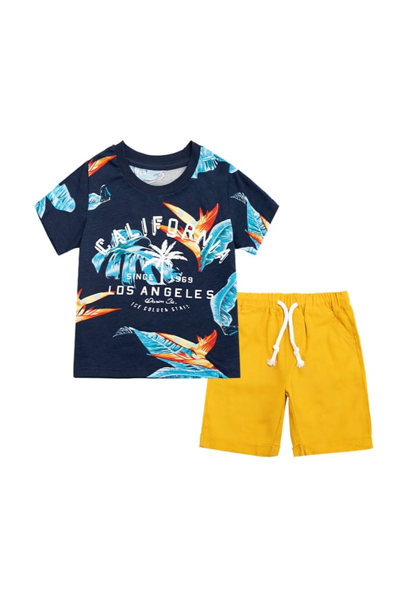 Baby Boys Outfits Summer Short Sleeve Cartoon Print T Shirt Tops Drawstring Pocketed Shorts Kids Clothes Gold 18 Months-24 Months