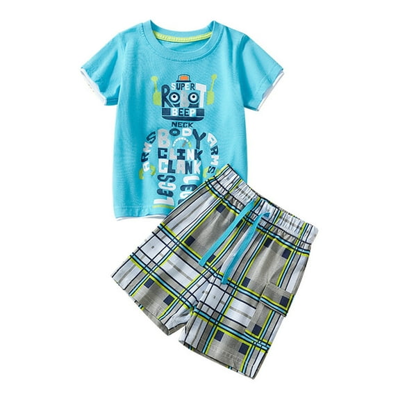 Baby Boys Outfits Summer Short Sleeve Cartoon Print T Shirt Tops Pocketed Shorts Kids Clothes Sky Blue 2 Years-3 Years