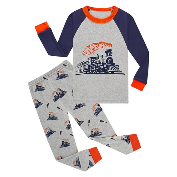 Baby Boys' Pajamas, Cartoon Train Printed Long-Sleeved Top Trousers Outfits Set Warm Loose Fit Casual Spring Pajamas for Boys,Grey,4-5 Years