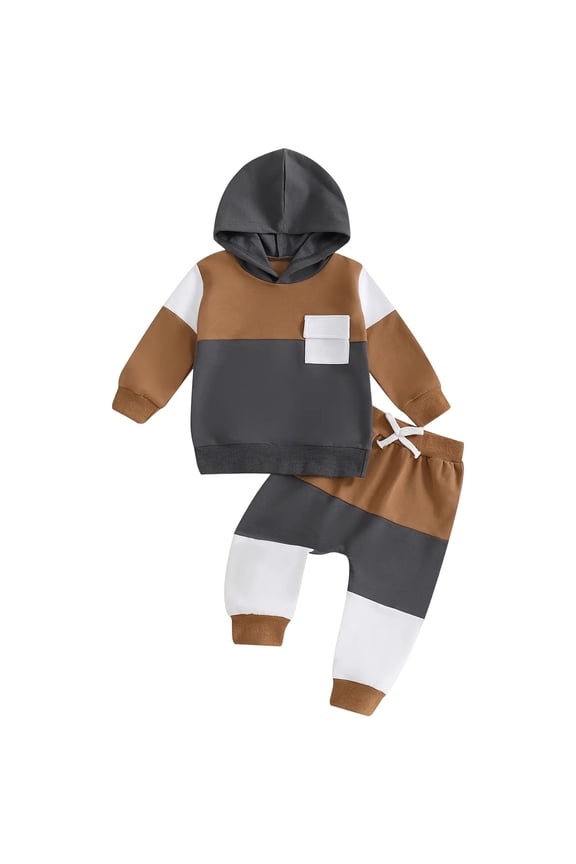 Baby Boys Pants Set Infant Hooded Sweatshirt Top Contrast Colors Elastic Waist Pants 2Pcs Outfits Fall Winter Suit
