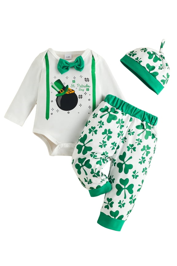 Baby Boys Pants Set, Long Sleeve Crew Neck Bow Romper with Shamrock Print Pants and Hat Fall Outfit