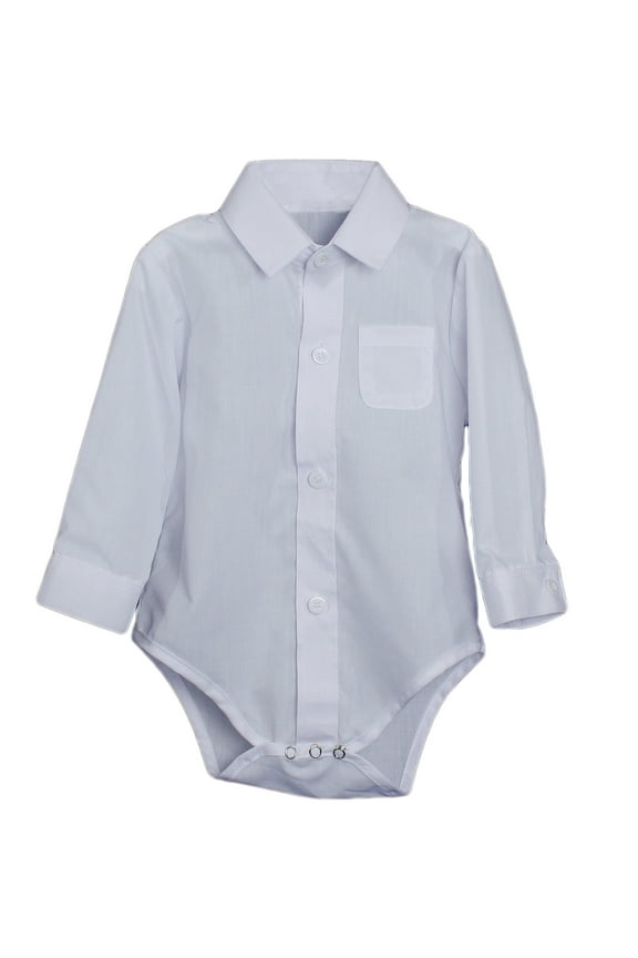 Baby Boys Poly Cotton Button Up White Dress Shirt Bodysuit Romper with Collar