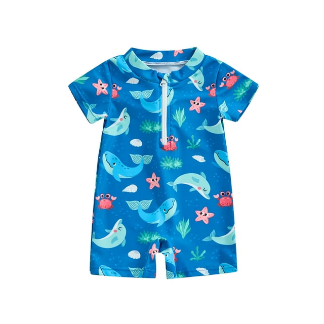 Baby Boys Rash Guard, Short Sleeve Turtle Dolphin Print Swimsuit