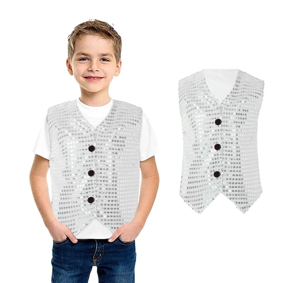 Baby Boys Sequin Vest Sleeveless Shiny Sequins Button Jacket Silver Vest Kids Party Carnival Gown Top Size 6-12 Months