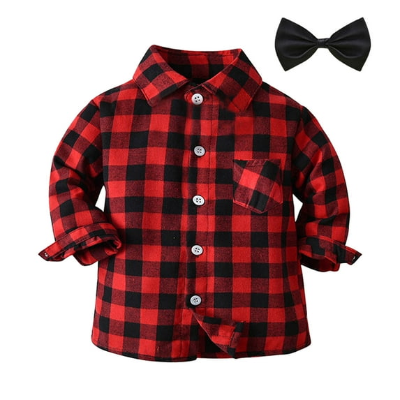 Baby Boys Shirt Plaid Long Sleeve Button-Up Dress Shirts With Bow Tie
