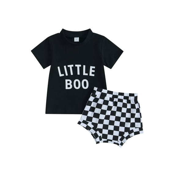Baby Boys Shorts Set, Short Sleeve Letters Print T-shirt with Elastic Waist Plaid Shorts Halloween Clothes