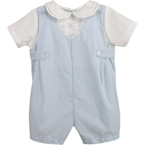 Baby Boys' Side Tab Pintuck Gingham Romper, Blue, 6 Month