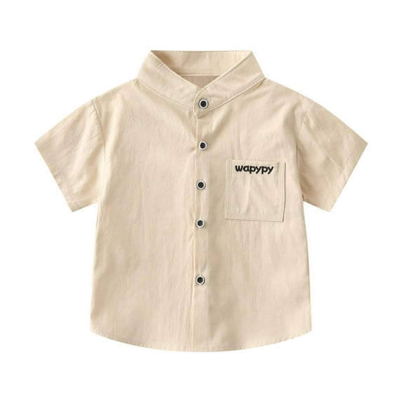 Baby Boys Solid Color T-Shirt Stand Up Collar Short Sleeved Summer Letter Embroidery Casual Tops for 2-10 Years