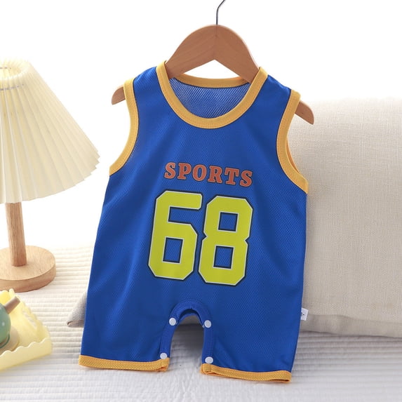Baby Boys Sports Romper, Sleeveless Number Print Bodysuit, One-Piece Summer Infant Outfit | Akmoler,Blue 6-10 Months