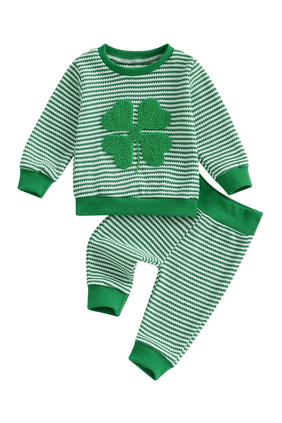 Baby Boys St Patricks Day Outfits 3 6 12 18 24 Months 2T 3T Toddler Boy Spring Clothes Long Sleeve Shamrock Embroidery Sweatshirt + Stripes Pants Set Fall Clothing