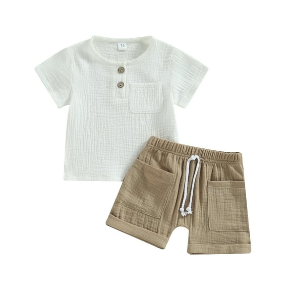 Baby Boys Summer 2-piece Outfits 6M 12M 18M 24M 3Y Solid Color Short Sleeve T-shirt with Breast Pocket and Casual Elastic Shorts Set