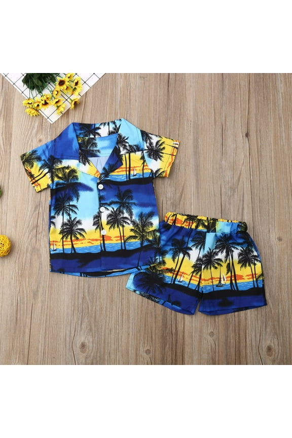 Baby Boys Summer Clothes Beach Shirt Shorts Suit Navy Blue Cute Pattern Print Rompers Outfit Set