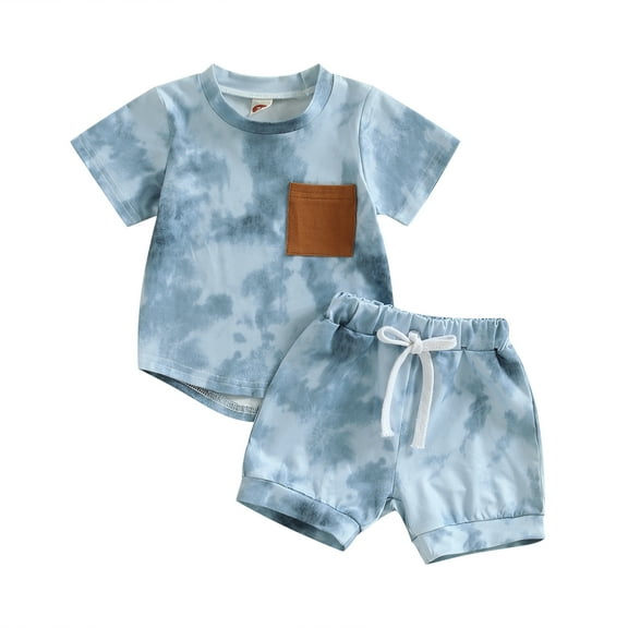 Baby Boys Summer Clothes Outfit 6 12 18 24 Months Toddle Tie-dye Print Short Sleeve Crew Neck T-shirt with Elastic Waist Shorts Set
