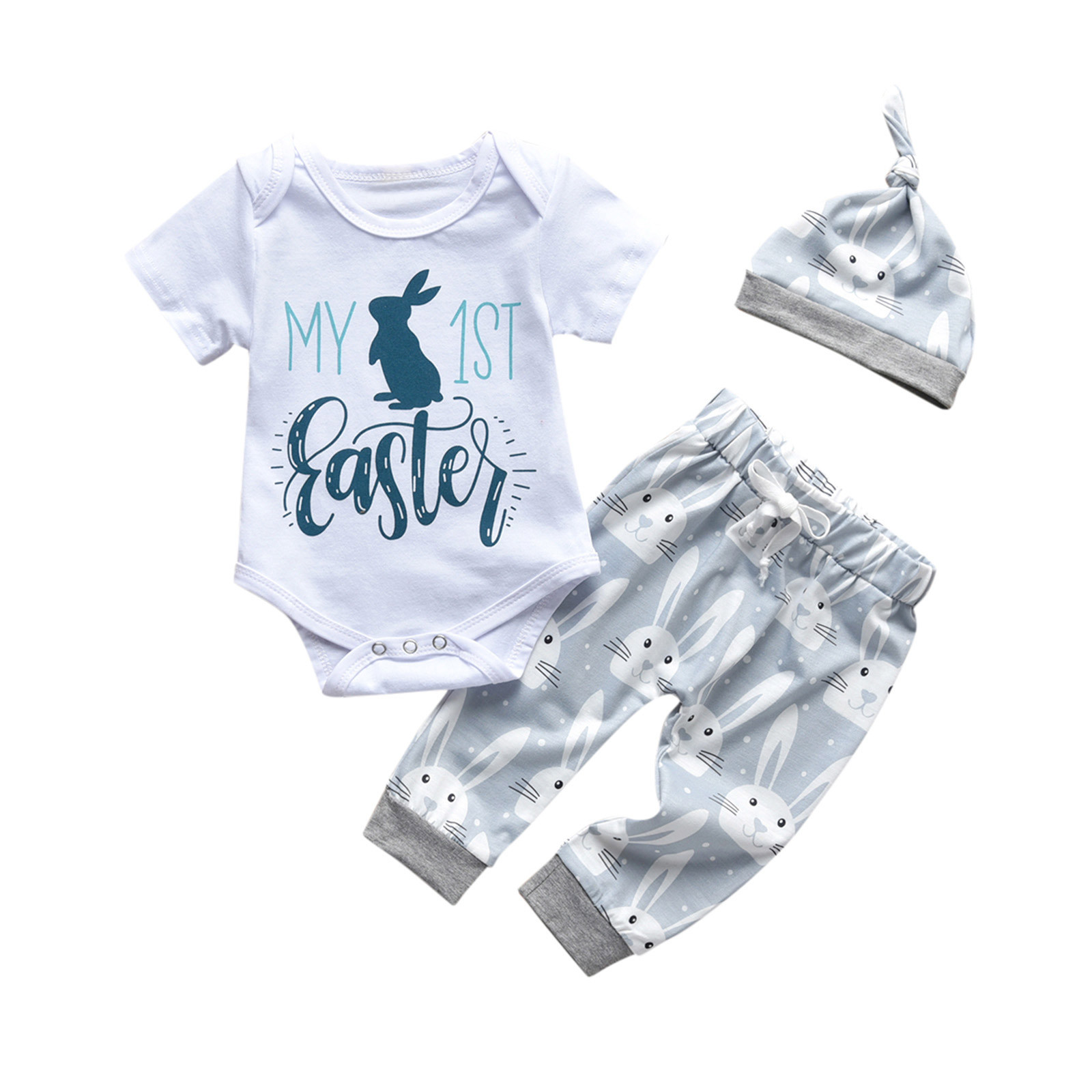 Baby Boys Summer Easter Bunny Letter Romper+Pants+Hat Outfits Set ...