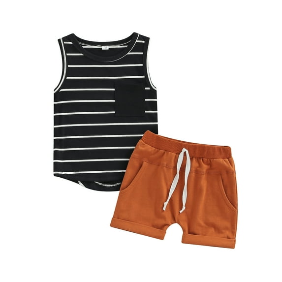 Baby Boys Summer Outfit Sets Sleeveless O Neck Striped Vest + Solid Color Drawstring Shorts 0-24 Months