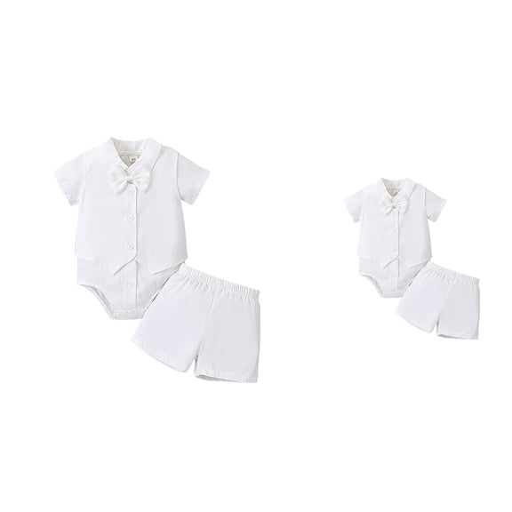 Baby Boys Summer Outfits, White Sleeveless Romper Shorts Set for 0-12 Months, Soft Breathable Casual & Formal Baptism Christening Wedding Tuxedo Outfit with Bowtie