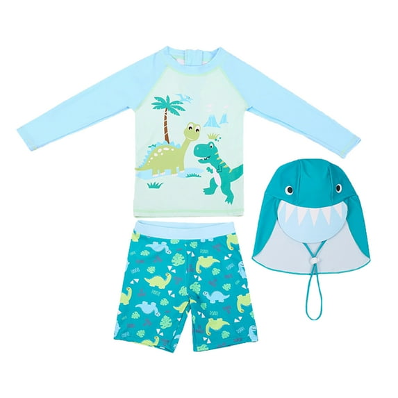 Baby Boys Swimsuit 3pcs Rash Guard Swimsuits UPF50+ Long Sleeve Cartoon Bathing Suit With Hat Swimwear Sets Light Blue,110