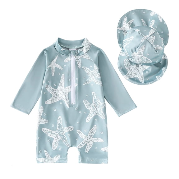 Baby Boys Swimsuit One Piece Print Zipper Swimwear with Sun Hat Rash Guard Starfish Crew Neck Long Sleeve for Toddler Light Green 6 Months-12 Months