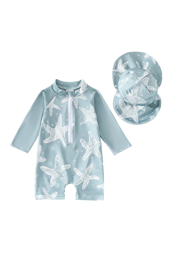 Baby Boys Swimsuit One Piece Print Zipper Swimwear with Sun Hat Rash Guard Starfish Crew Neck Long Sleeve for Toddler Light Green 6 Months-12 Months