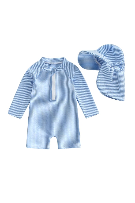 Baby Boys Swimsuit Seersucker Long Sleeve One Piece Zipper Bathing Suit Rash Guard Swimwear Sunsuit