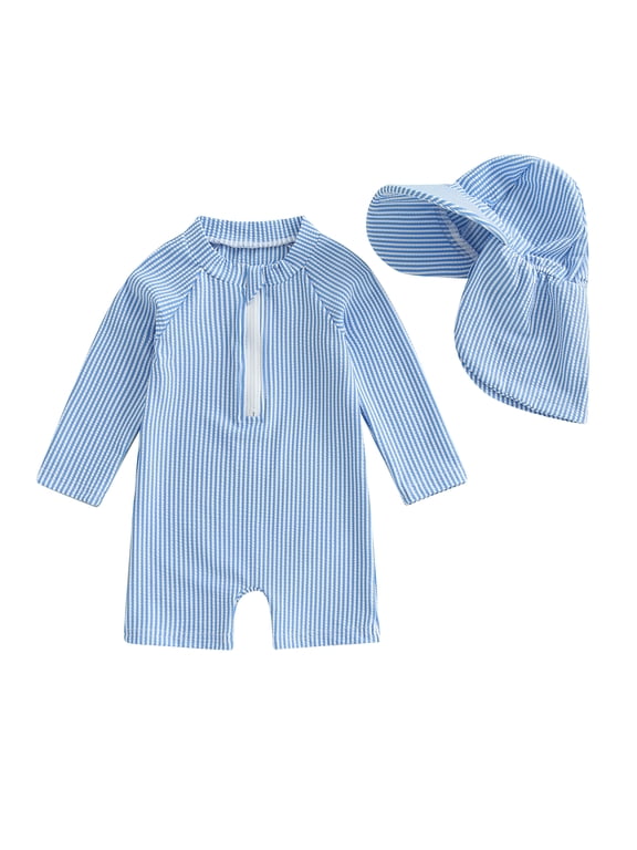 Baby Boys Swimsuit Seersucker Long Sleeve One Piece Zipper Bathing Suit Rash Guard Swimwear Sunsuit