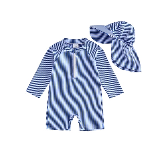 Baby Boys Swimsuit Seersucker Long Sleeve One Piece Zipper Bathing Suit Rash Guard Swimwear Sunsuit