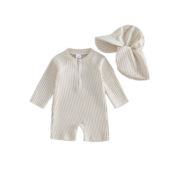 Baby Boys Swimsuit Seersucker Long Sleeve One Piece Zipper Bathing Suit Rash Guard Swimwear Sunsuit