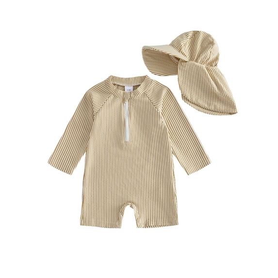 Baby Boys Swimsuit Seersucker Long Sleeve One Piece Zipper Bathing Suit Rash Guard Swimwear Sunsuit