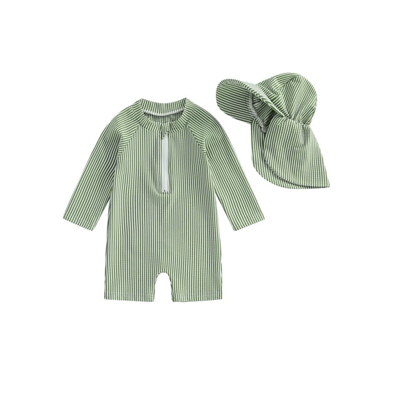 Baby Boys Swimsuit Seersucker Long Sleeve One Piece Zipper Bathing Suit Rash Guard Swimwear Sunsuit