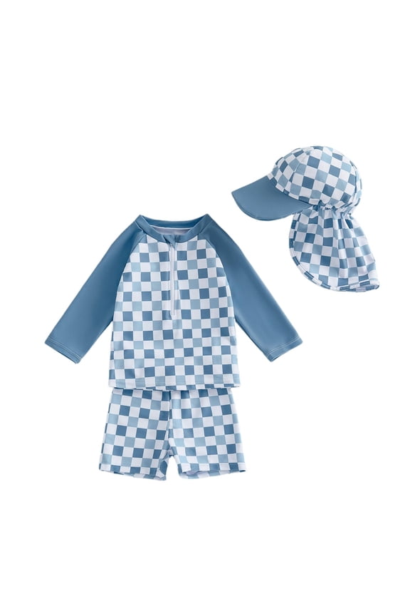 Baby Boys Swimsuit Summer Plaid Print Long Sleeve Rash Guard Swim Trunk with Hat Set Three Piece for Toddler Blue 6 Months-12 Months