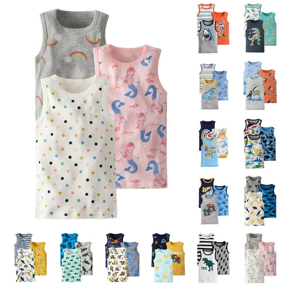 Baby Boys' Tank Tops Dinosaur Cartoon Car Shark Striped Sleeveless Tops Multipack, 3 Pack, 2-10 Years