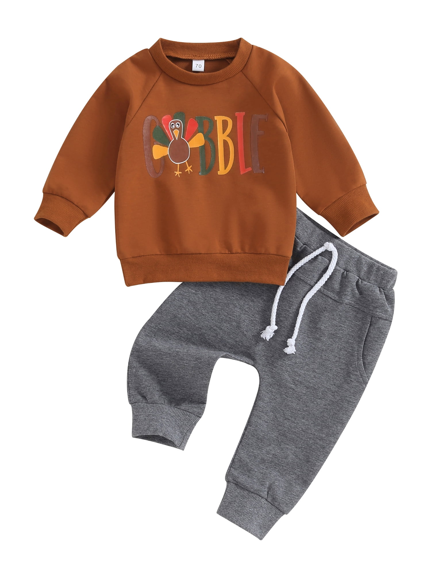 Baby Boys Thanksgiving Outfit 2Pcs Fall Pants Set, Long Sleeve Crew