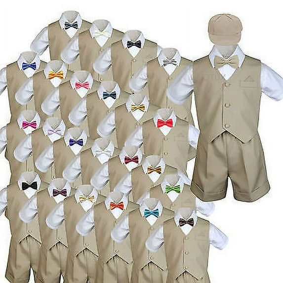 Baby Boys & Toddler Formal Vest Shorts Khaki Suits Extra Bow Tie 6pc Set sz S-4T