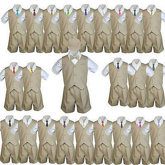 Baby Boys & Toddler Formal Vest Shorts Khaki Suits Extra Necktie 6pc Set sz S-4T