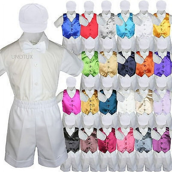 Baby Boys Toddler Formal Vest Shorts Suit Color Vest 5pc White Bow Tie Set S-4T