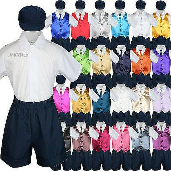 Baby Boys Toddler Formal Vest Shorts Suit Satin Vest Necktie 5pc Navy Set S-4T