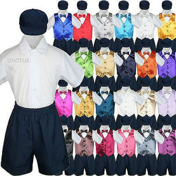 Baby Boys Toddler Formal Vest Shorts Suits Satin Vest Bow Tie 5pc Navy Set S-4T