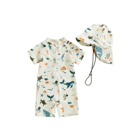 Baby Boys Toddler Swimsuit One Piece Zipper Bathing Suit Summer Beach Rash Guard Swimwear with Hat