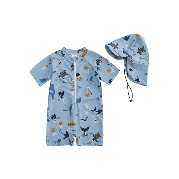 Baby Boys Toddler Swimsuit One Piece Zipper Bathing Suit Summer Beach Rash Guard Swimwear with Hat