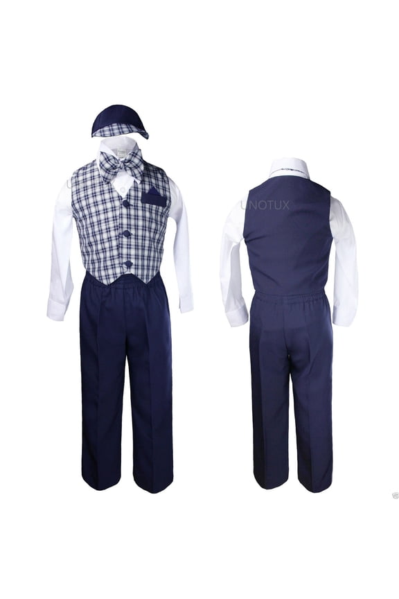 Baby Boys Toddler Wedding Formal Checks Gingham Vest Set Suits Navy Blue Sz S-4T